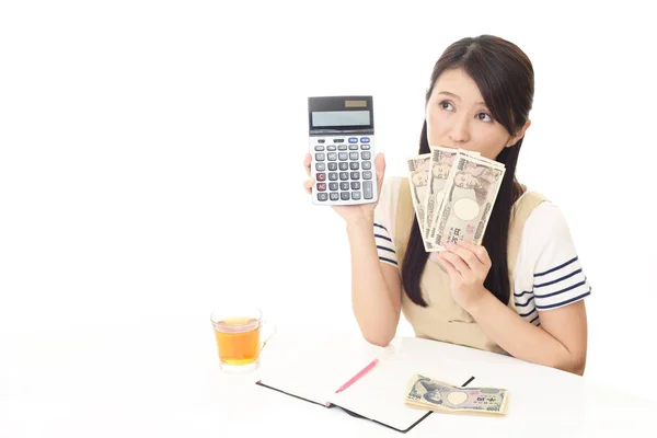 Mulher Decepcionada Com Uma Calculadora — Fotografia de Stock