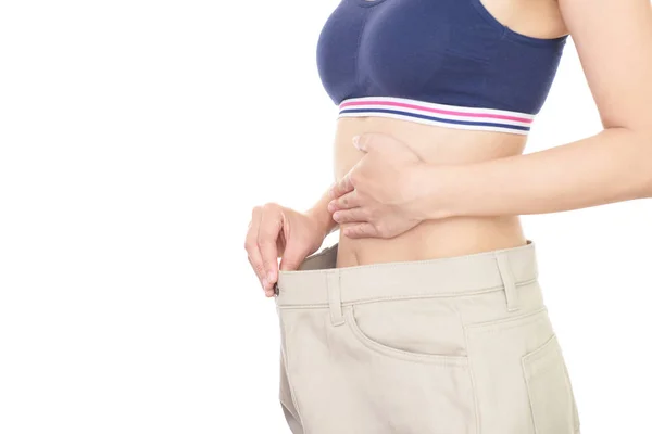 Woman Standing Wearing Too Big Pants Loosing Weight — Stock Photo, Image