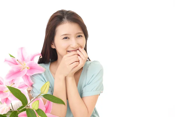 Smiling Asian Woman Flowers — Stock Photo, Image