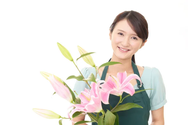 Florista Mujer Sonriendo Con Flores — Foto de Stock