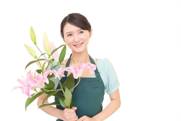 Florista Mujer Sonriendo Con Flores — Foto de Stock