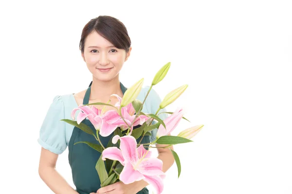 Florista Mujer Sonriendo Con Flores — Foto de Stock