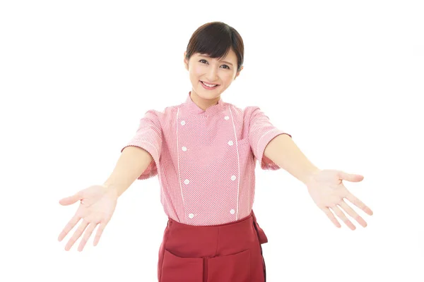 Aziatische Serveerster Iets Waarop Met Palm Van Haar Handen — Stockfoto
