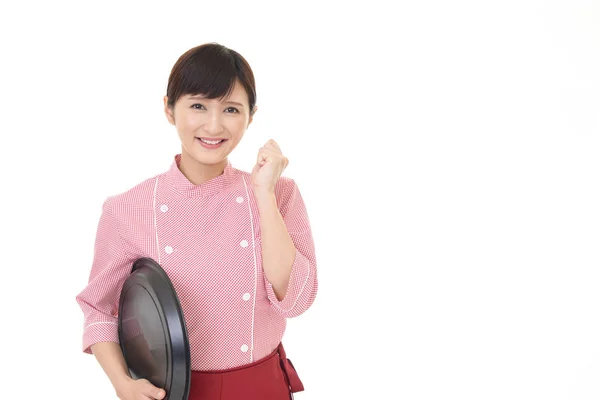 Щасливі Азіатських Офіціантка Ізольовані Білому Тлі — стокове фото