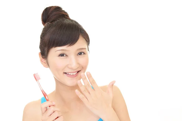 Mulher Com Uma Escova Dentes — Fotografia de Stock