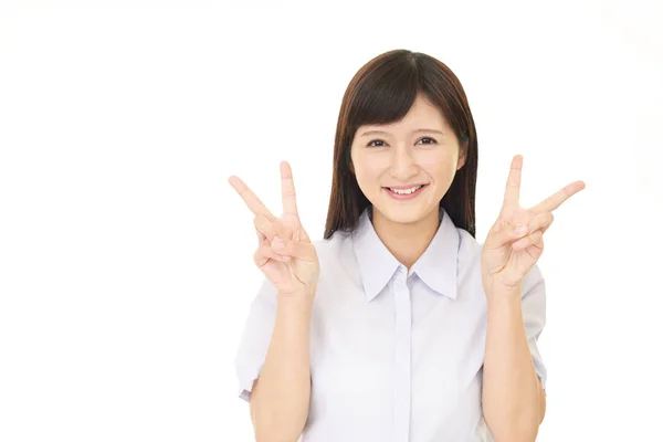 Sorrindo Mulher Asiática Sinal — Fotografia de Stock