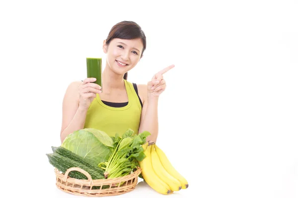 Woman Drinking Glass Vegetable Juice — Stock Photo, Image