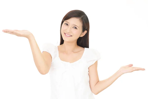 Woman Showing Something Palm Her Hands — Stock Photo, Image