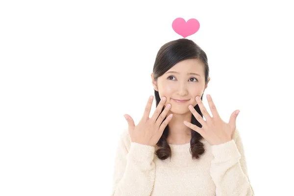 Smiling Woman Pink Heart Love Symbol — Stock Photo, Image