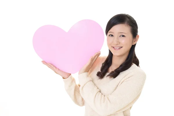 Sorrindo Mulher Segurando Rosa Coração Amor Símbolo — Fotografia de Stock