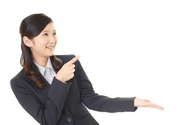 Business Woman Showing Something Palm Her Hand — Stock Photo, Image