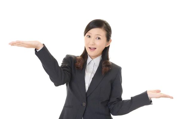 Business Woman Showing Something Palm Her Hands — Stock Photo, Image