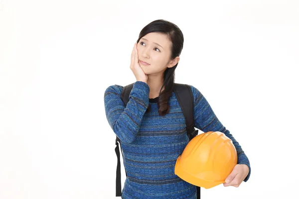 Mulher Asiática Inebriante Com Chapéu Segurança — Fotografia de Stock
