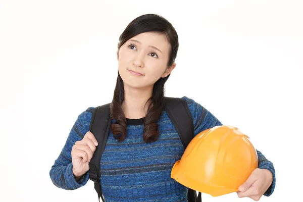 Orolig Asiatisk Kvinna Med Säkerhet Hatt — Stockfoto