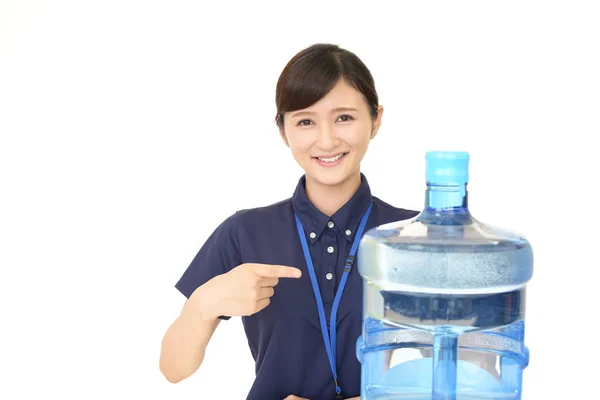 Female Worker Container Water — Stock Photo, Image