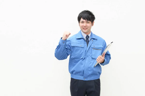 Smiling Asian Worker Isolated White Background — Stock Photo, Image