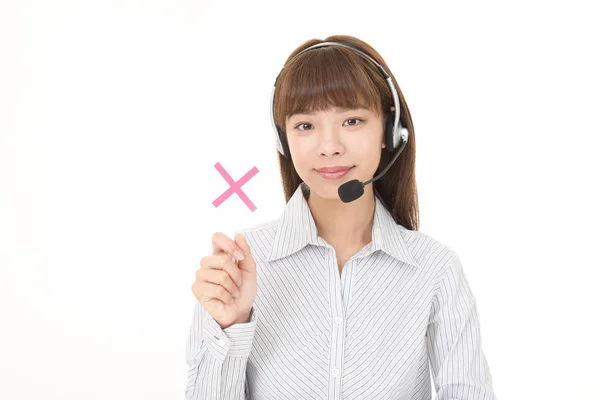 Operatore Call Center Sorridente Con Segno — Foto Stock