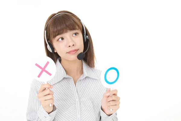 Call Center Operator Trying Make Decision Yes Choice — Stock Photo, Image