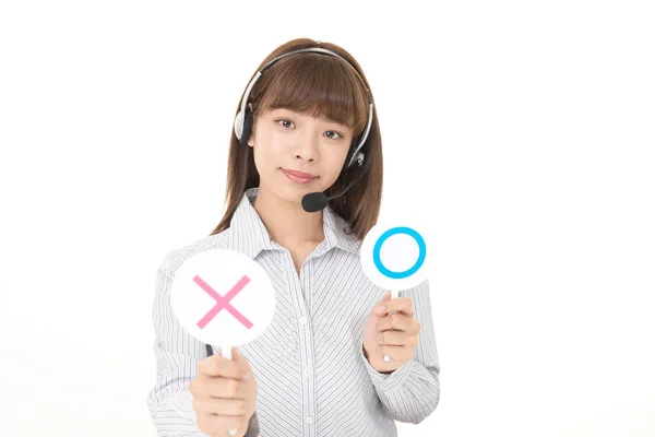 Call Center Operator Trying Make Decision Yes Choice — Stock Photo, Image