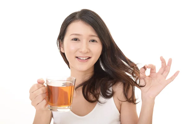 Young Pretty Woman Enjoys Cup Tea — Stock Photo, Image