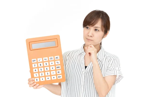 Mulher Asiática Inebriante Com Uma Calculadora — Fotografia de Stock
