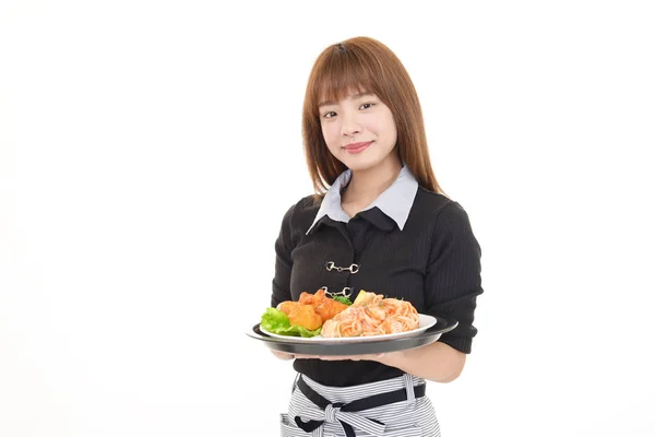 Lächelnd Asiatische Kellnerin Isoliert Auf Weißem Hintergrund — Stockfoto