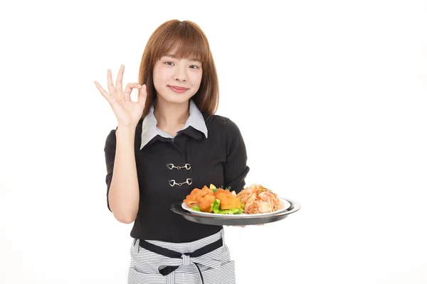 Усміхаючись Азіатських Офіціантка Ізольовані Білому Тлі — стокове фото