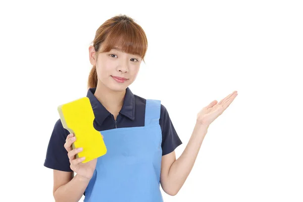 Woman Showing Something Palm Her Hand — Stock Photo, Image