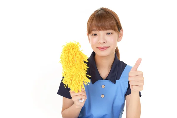 Smiling Asian Housewife Mop — Stok Foto