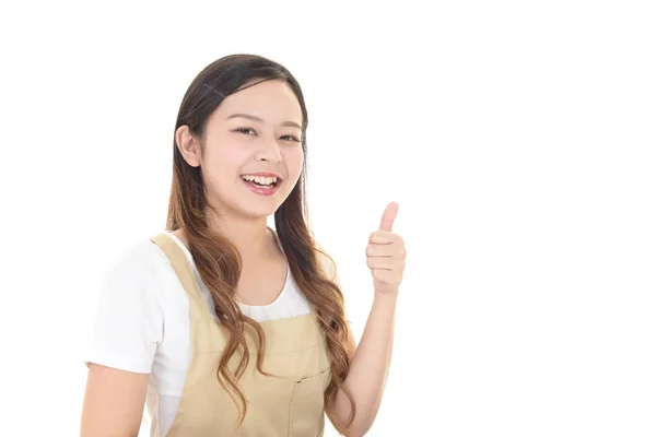 Feliz Ásia Dona Casa Isolado Branco Fundo — Fotografia de Stock