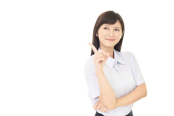 Vrouw Wijzend Met Haar Vinger — Stockfoto