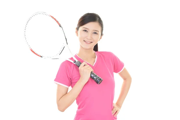 Mujer Sonriente Con Raqueta Tenis —  Fotos de Stock