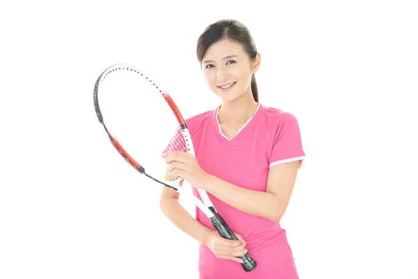 Mujer Sonriente Con Raqueta Tenis — Foto de Stock