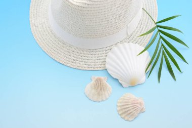 Üzerinde mavi arka plan izole şık hasır şapka