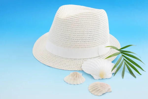 Elegante Sombrero Paja Aislado Sobre Fondo Azul — Foto de Stock