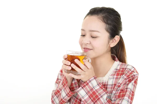 Woman Drinking Glass Cup Tea — 스톡 사진