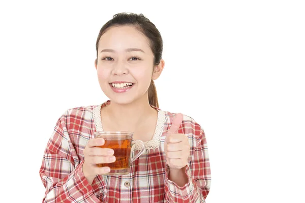 Woman Drinking Glass Cup Tea — 스톡 사진