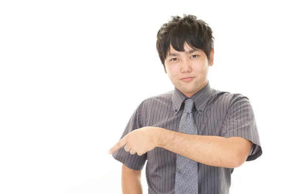 Asiático Hombre Negocios Apuntando Aislado Blanco Fondo — Foto de Stock