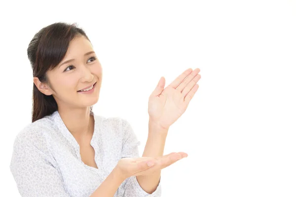 Woman Showing Something Palm Her Hands — Stock Photo, Image