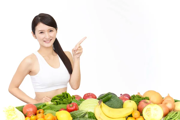 Jeune Femme Saine Avec Des Fruits Légumes — Photo