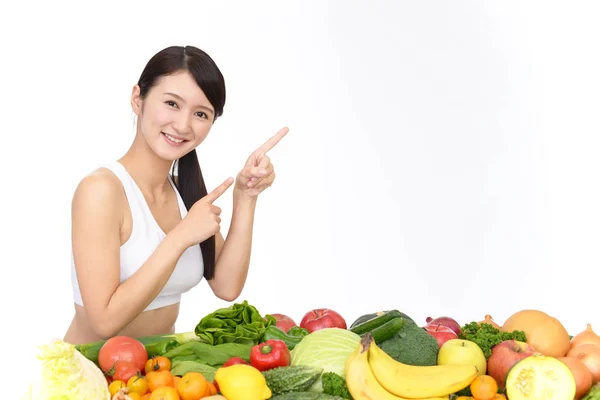 Young Healthy Woman Fruits Vegetables — Stock Photo, Image