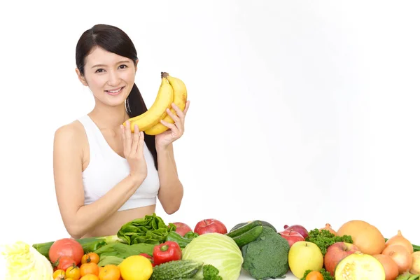 Молодая Здоровая Женщина Фруктами Овощами — стоковое фото