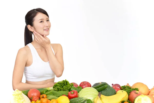 Junge Gesunde Frau Mit Obst Und Gemüse — Stockfoto