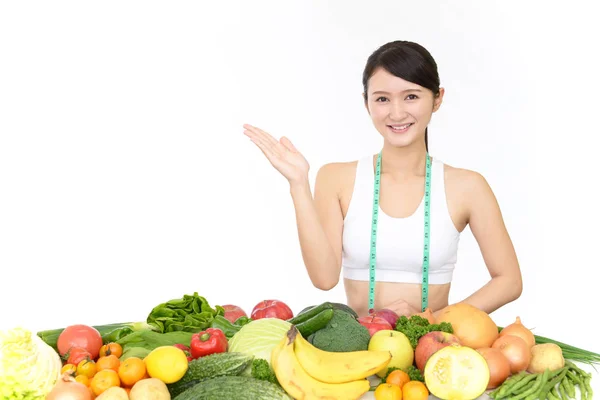 Молодая Здоровая Женщина Фруктами Овощами — стоковое фото