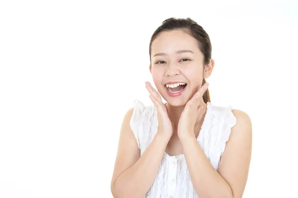 Sorridente Giovane Donna Isolata Sfondo Bianco — Foto Stock