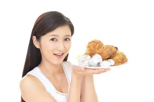 Woman Holding Plate Full Chicken — Stock Photo, Image