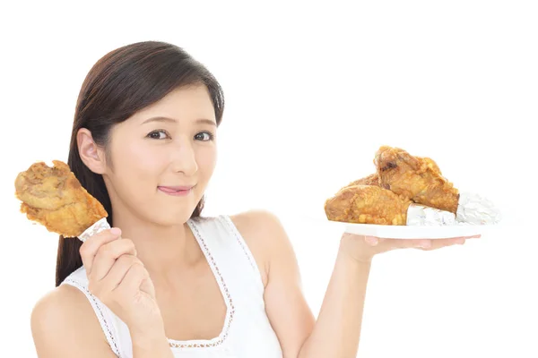 Mujer Sosteniendo Plato Lleno Pollo — Foto de Stock