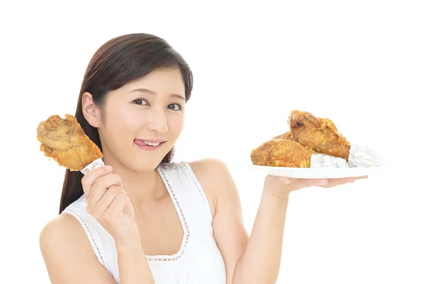 Mujer Sosteniendo Plato Lleno Pollo — Foto de Stock