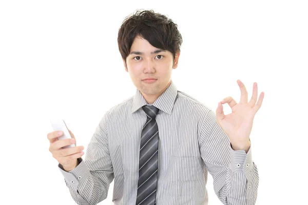 Homem Negócios Feliz Usando Telefone Inteligente — Fotografia de Stock
