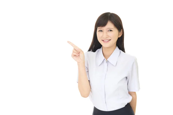 Asian Young Woman Pointing Her Finger — Stock Photo, Image